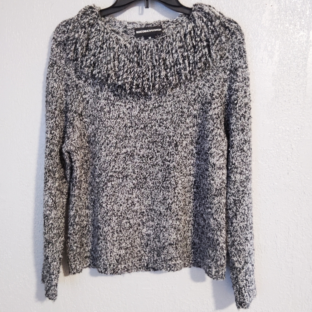 Norton McNaughton Sz M Black/White Blend Pullover w/Neck Fringe Y2K Sweater